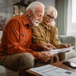 Senior unhappy couple do contactless payment and control bills on tablet