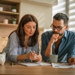 Couple reviewing paperwork and checking numbers together on a kitchen counter, focusing on household budget, financial planning, and saving money while having coffee